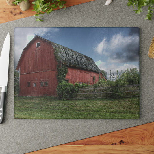 U R There Photography Hegel Road Old Red I Rustic Farmhouse Tempered-Glass Cutting Board 8"x 11"
