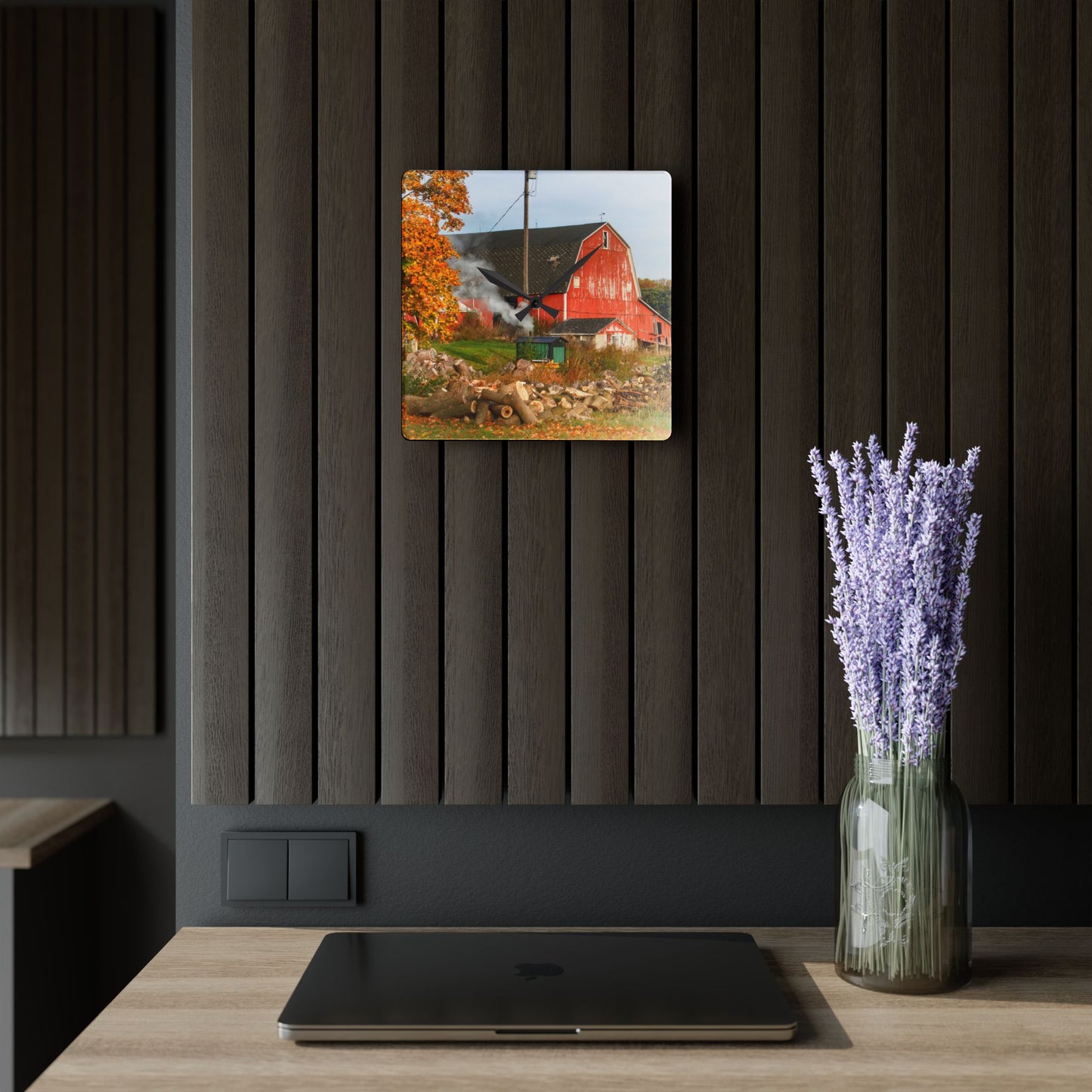 U R There Photography Greenwood Road Red in the Fall Rustic Farmhouse Acrylic Analog Wall Clock