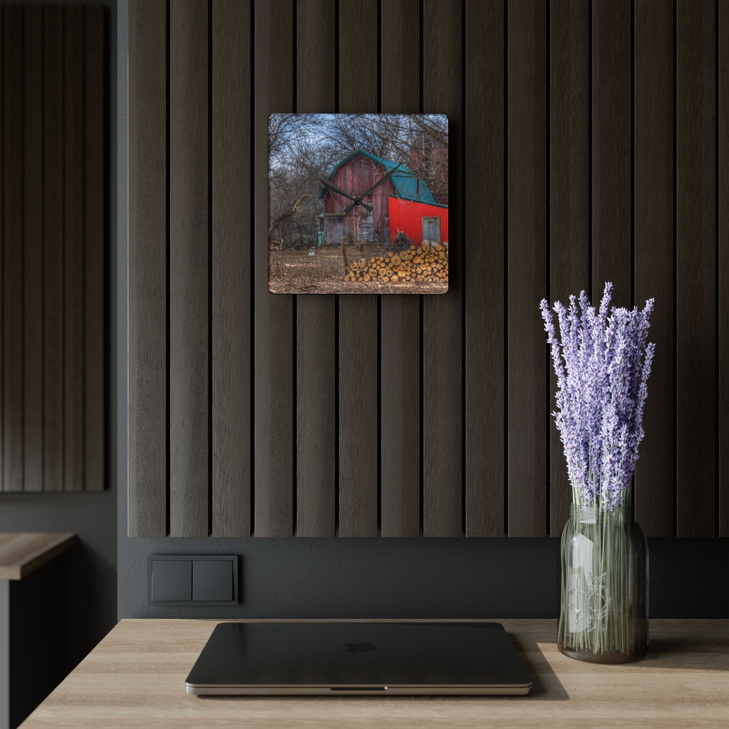 U R There Photography Bray Road Hidden Barnyard Red II Rustic Farmhouse Acrylic Analog Wall Clock