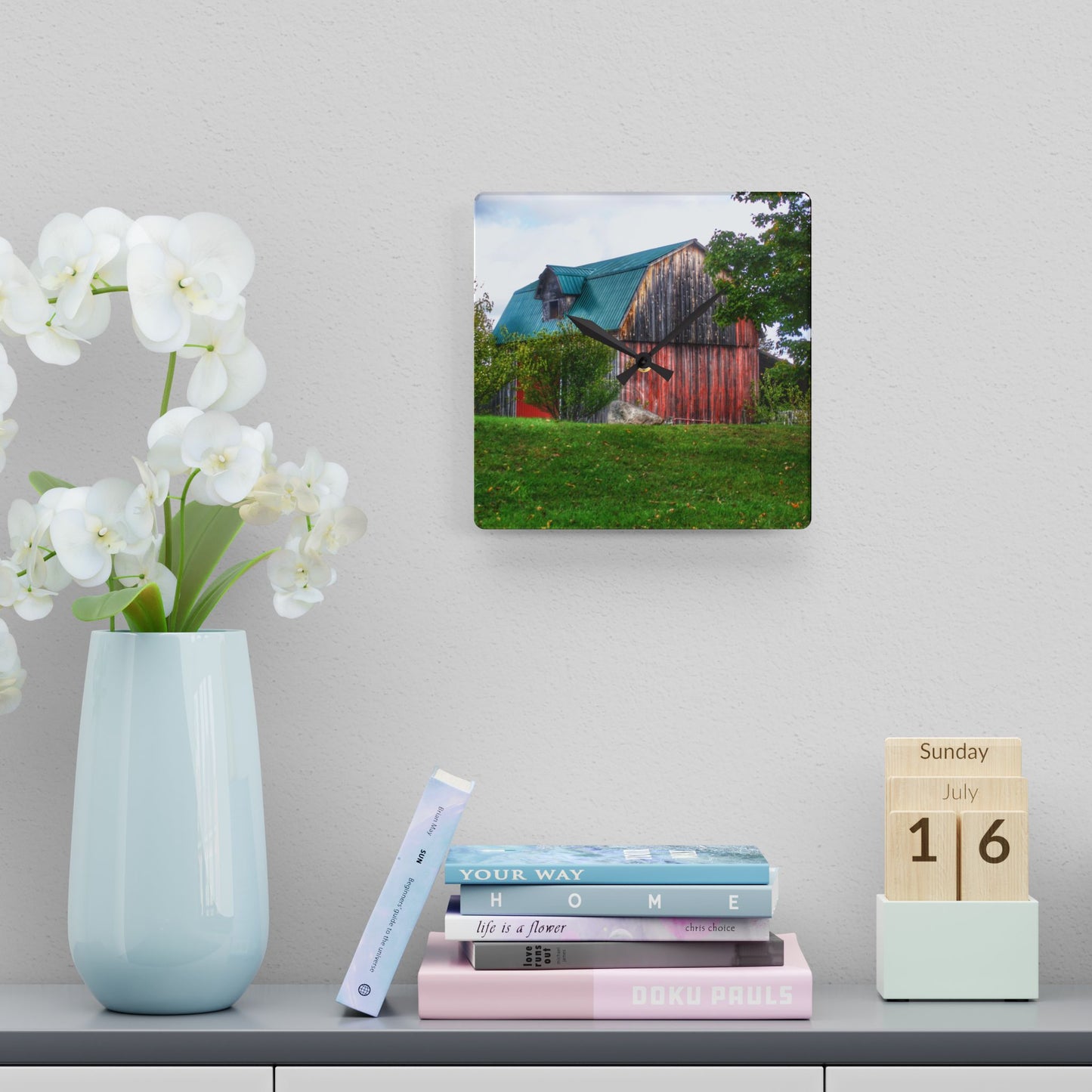 U R There Photography Frances Road Old Red I Rustic Farmhouse Acrylic Analog Wall Clock