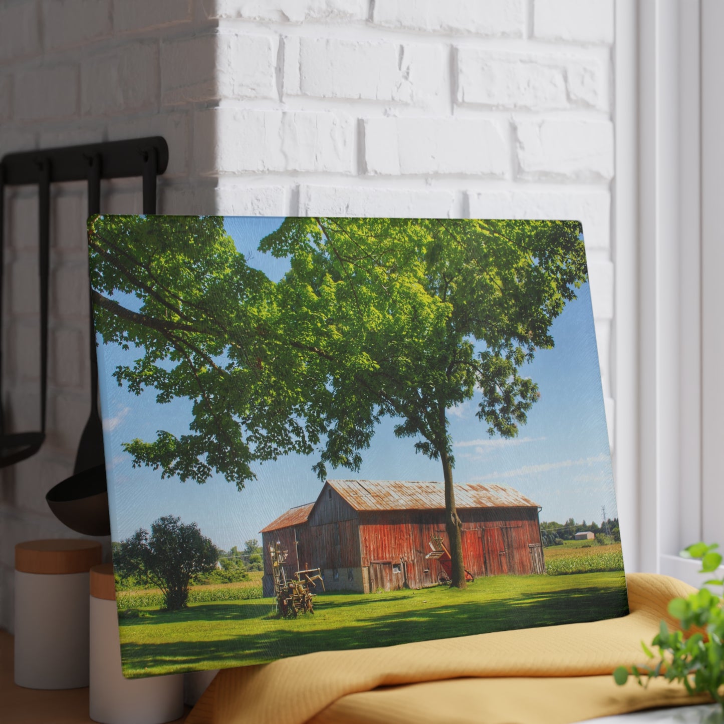 U R There Photography Hunters Creek Little Red Cow Barn Rustic Farmhouse Tempered-Glass Cutting Board