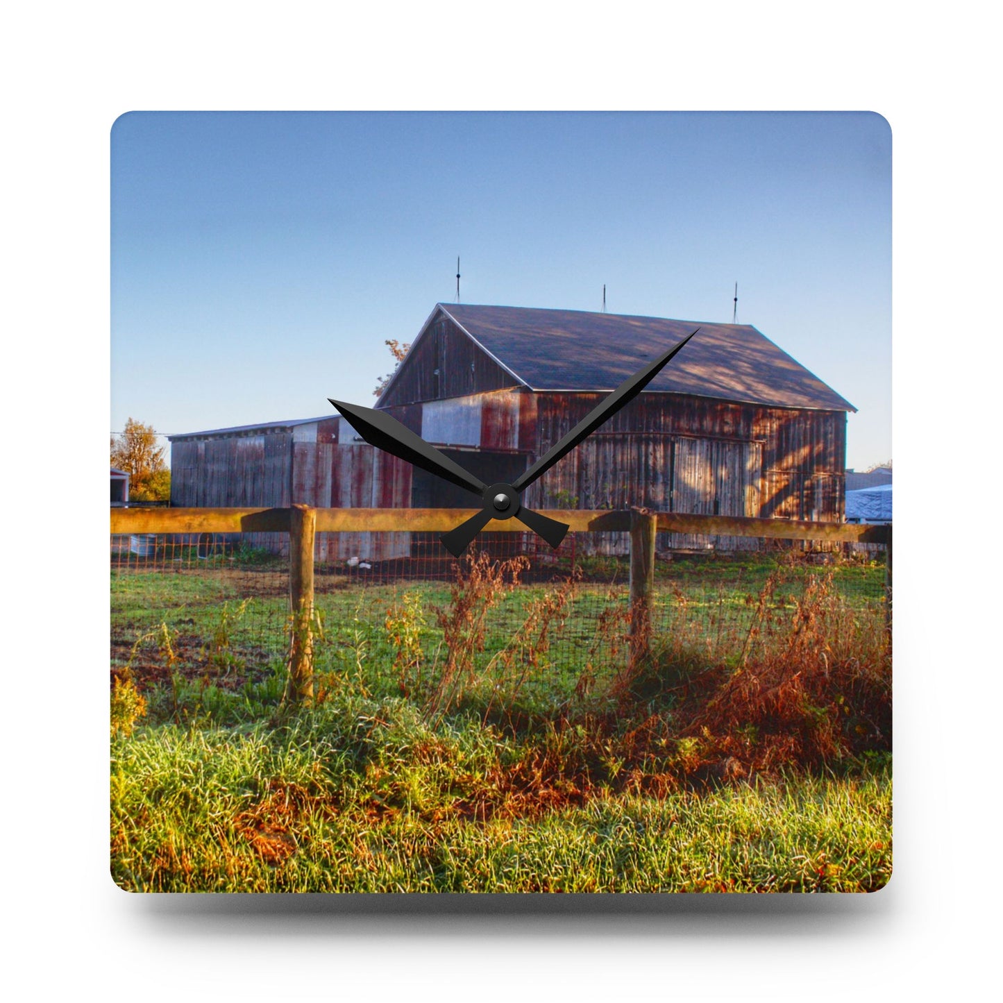 U R There Photography Hunters Creek Grey Saltbox Rustic Farmhouse Acrylic Analog Wall Clock