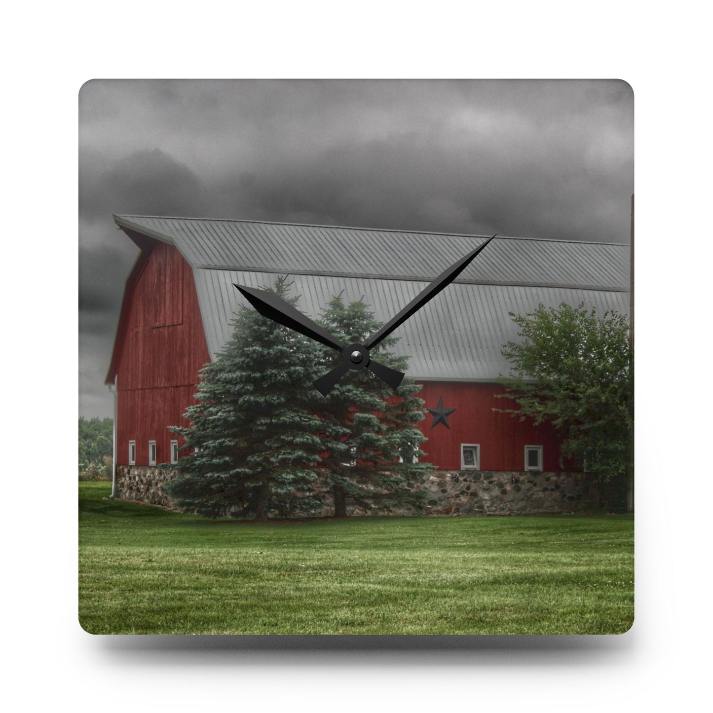 U R There Photography Clifford Road Red and Silo I Rustic Farmhouse Acrylic Analog Wall Clock