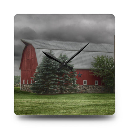 U R There Photography Clifford Road Red and Silo I Rustic Farmhouse Acrylic Analog Wall Clock
