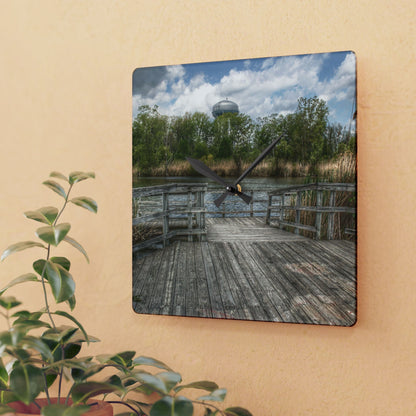 U R There Photography Bridge Overlooking Water Tower Park in Lapeer Rustic Farmhouse Acrylic Analog Wall Clock