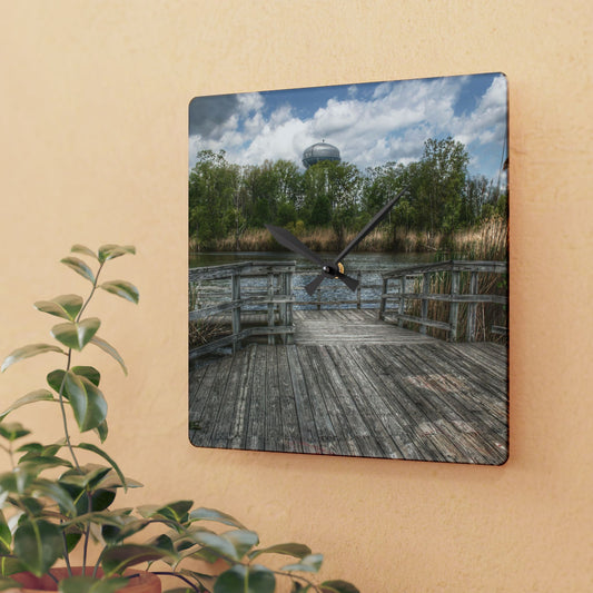U R There Photography Bridge Overlooking Water Tower Park in Lapeer Rustic Farmhouse Acrylic Analog Wall Clock