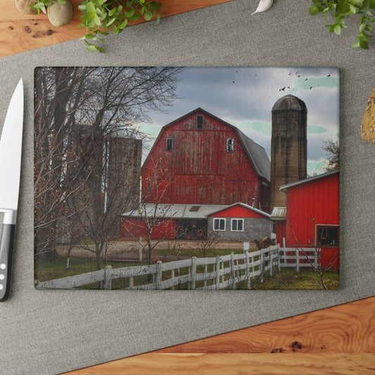 U R There Photography Peck Red Rustic Farmhouse Tempered-Glass Cutting Board