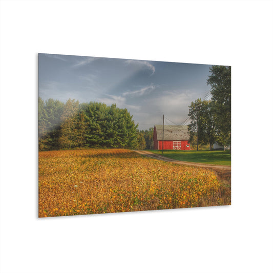 U R There Photography Red Barn on Golden Field Rustic Farmhouse Acrylic Analog Wall Clock
