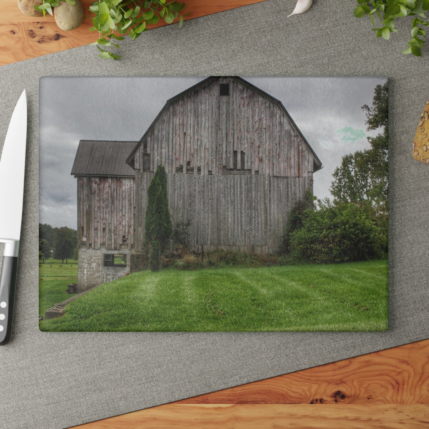 U R There Photography Dequindre Road Grey III Rustic Farmhouse Tempered-Glass Cutting Board