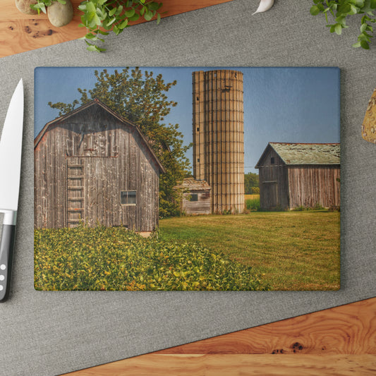U R There Photography Swaffer Mini Greys and Silos Rustic Farmhouse Tempered-Glass Cutting Board