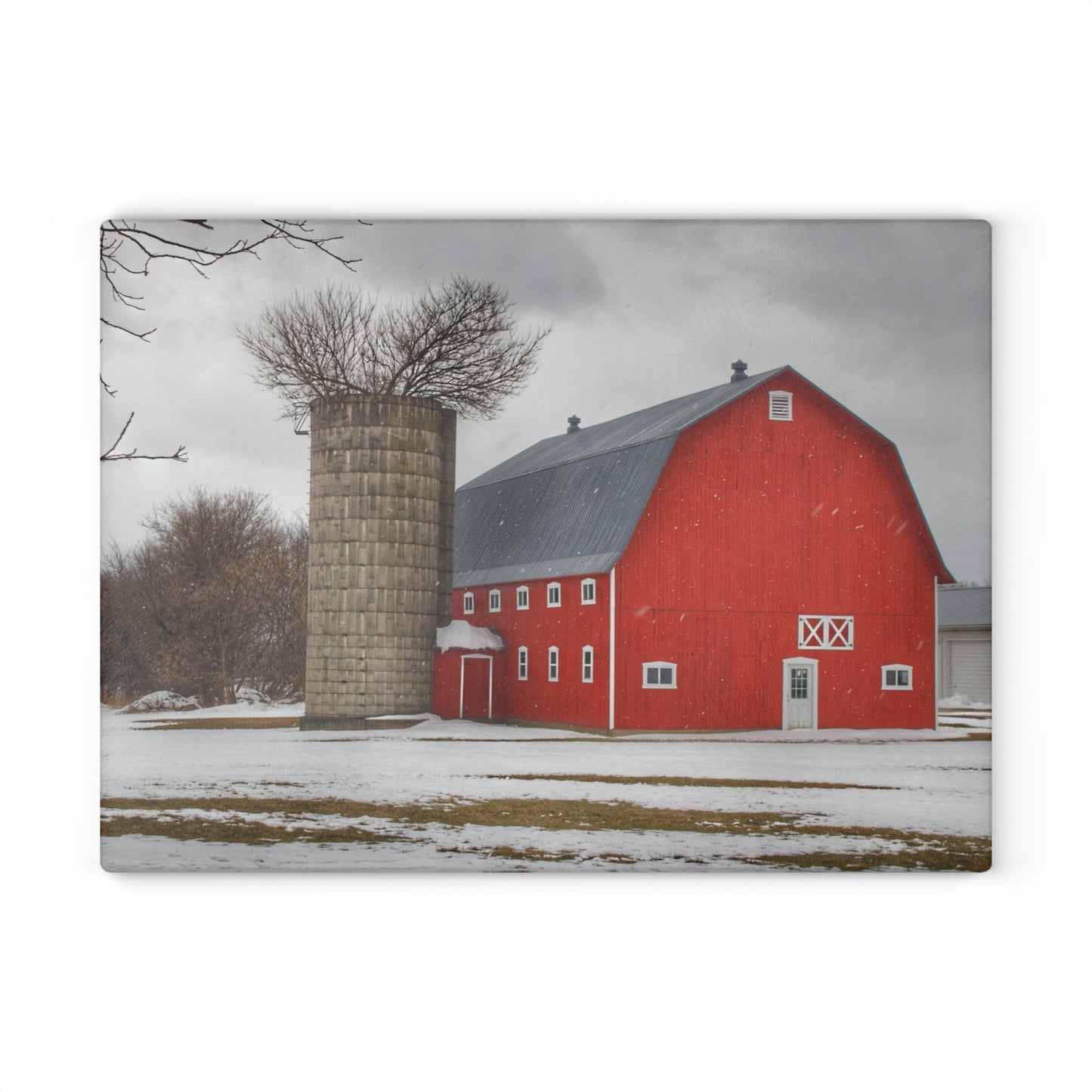 U R There Photography Hollow Corners Red Tree Silo Rustic Farmhouse Tempered-Glass Cutting Board