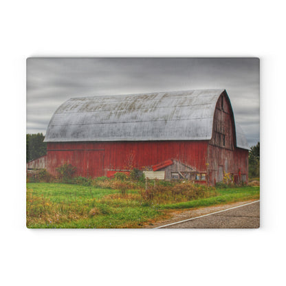 U R There Photography Valentine Road Red Saltbox Rustic Farmhouse Tempered-Glass Cutting Board