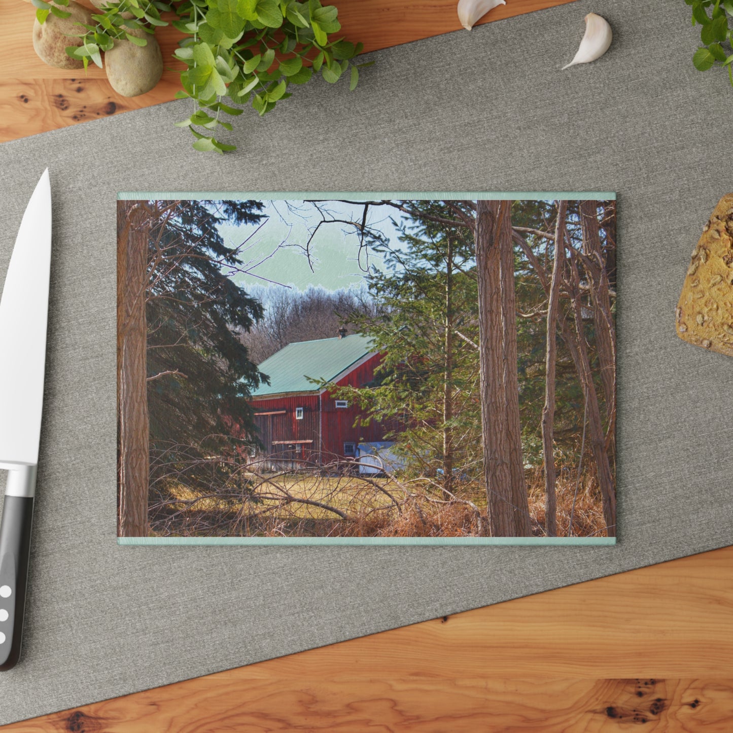 U R There Photography Bordman Road Hidden Red Rustic Farmhouse Tempered-Glass Cutting Board