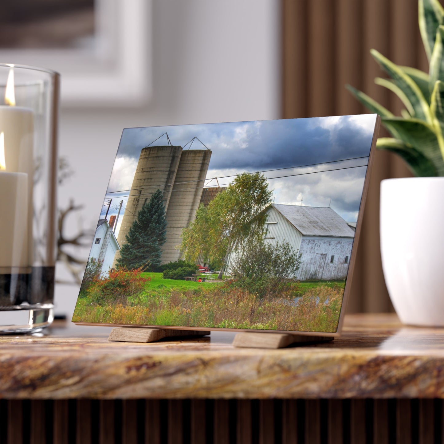 U R There Photography Baldwin White and Silos Rustic Farmhouse Decorative Ceramic Tile 6" × 8" Matte