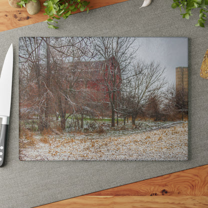 U R There Photography Hough Road Hidden Winter Red II Rustic Farmhouse Tempered-Glass Cutting Board