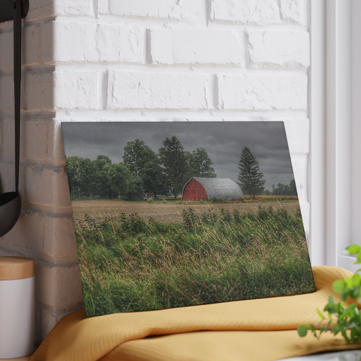 U R There Photography Mayville Road Red Quonset Rustic Farmhouse Tempered-Glass Cutting Board