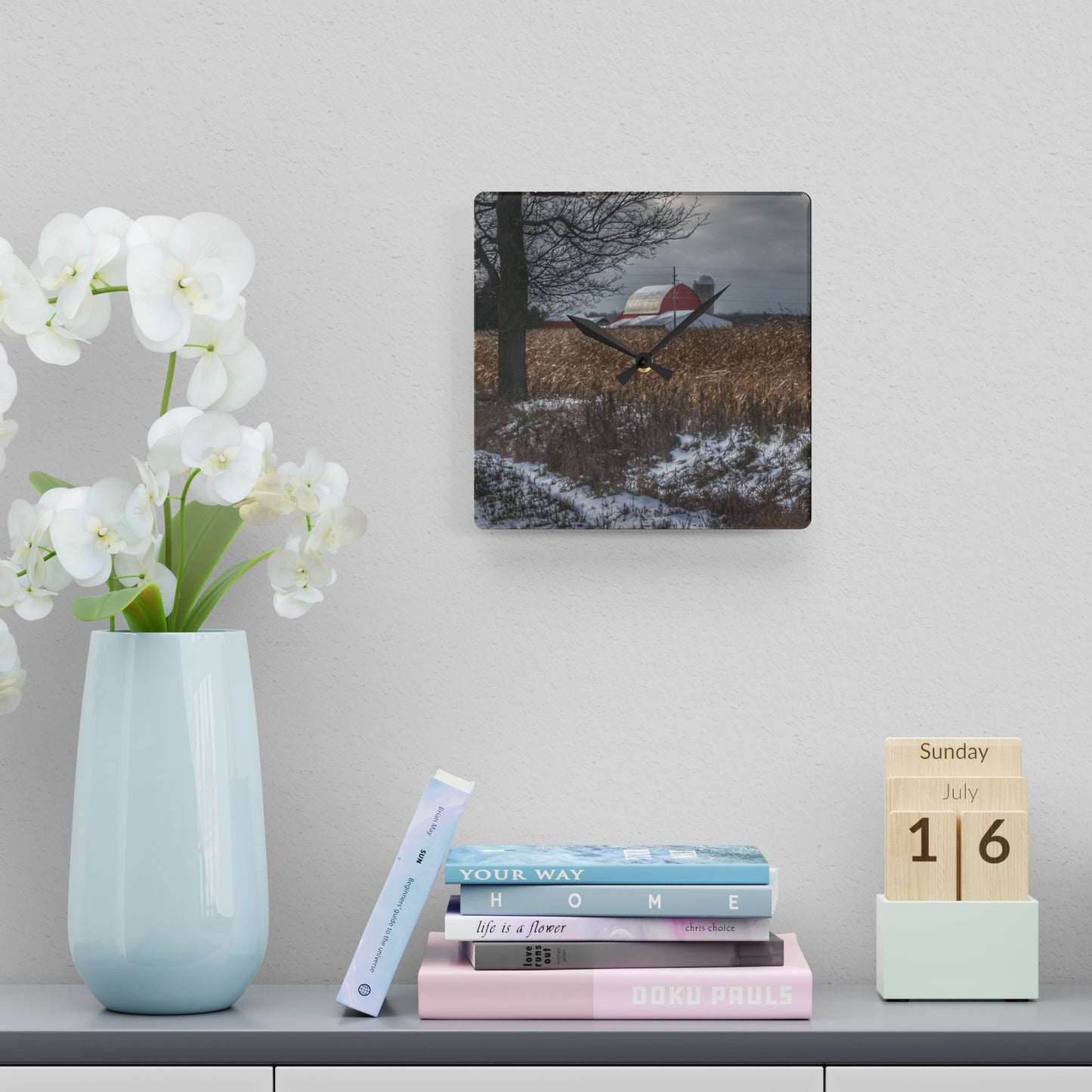 U R There Photography Edward Road Red Rustic Farmhouse Acrylic Analog Wall Clock