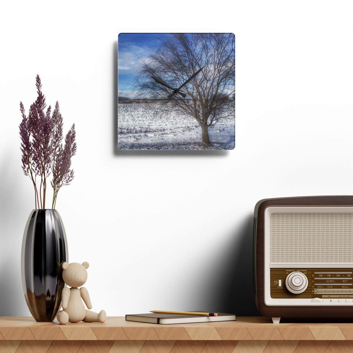 U R There Photography Winter Farm Willow Tree Rustic Farmhouse Acrylic Analog Wall Clock