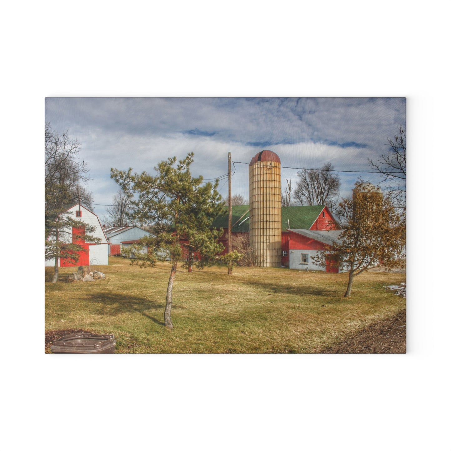 U R There Photography Newark Road Red and Silos I Rustic Farmhouse Tempered-Glass Cutting Board