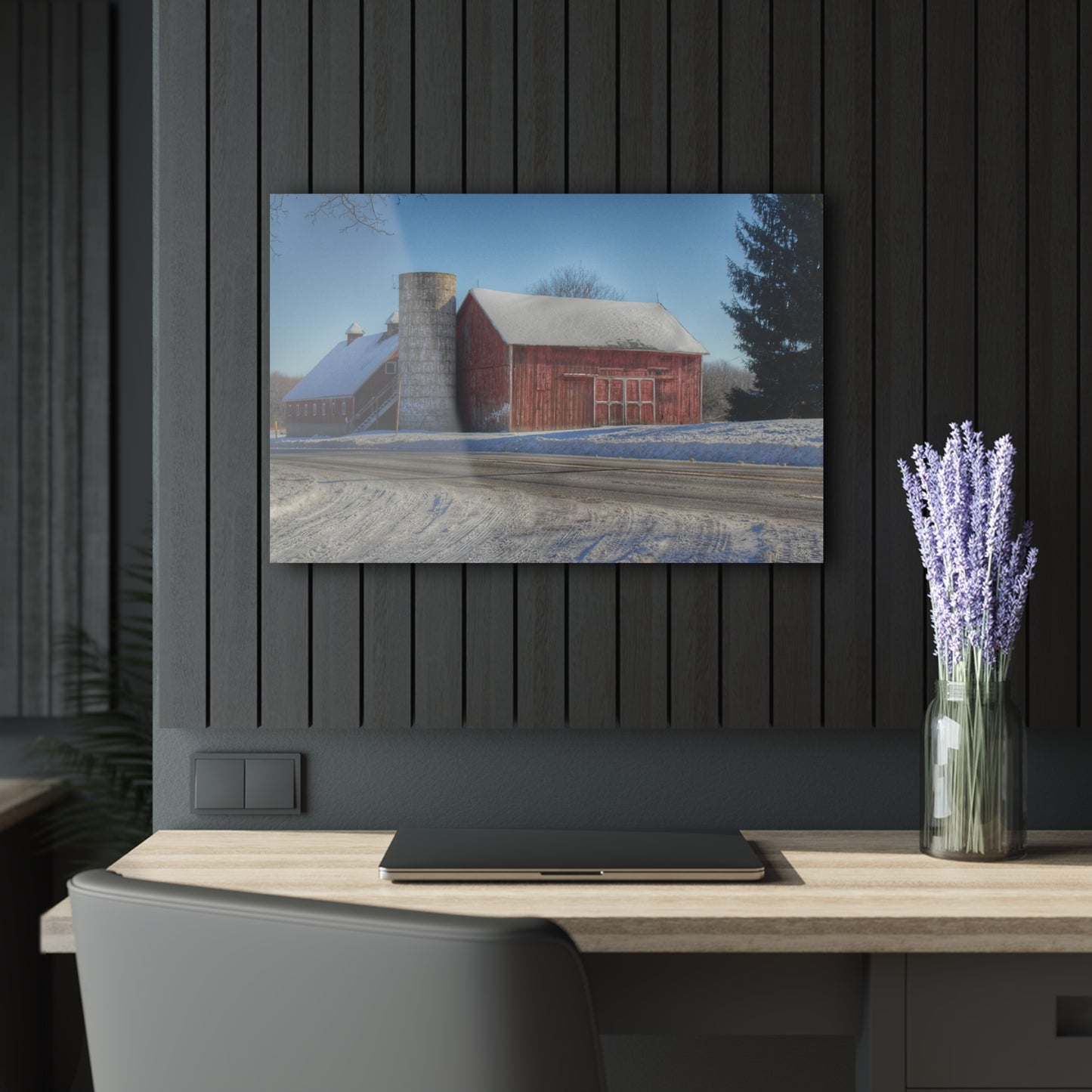 U R There Photography Metamora Red in Winter Rustic Farmhouse Acrylic Wall Print