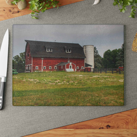 U R There Photography Oxford Old Red and Silo Rustic Farmhouse Tempered-Glass Cutting Board