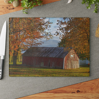 U R There Photography Marlette Road Fall Red Rustic Farmhouse Tempered-Glass Cutting Board