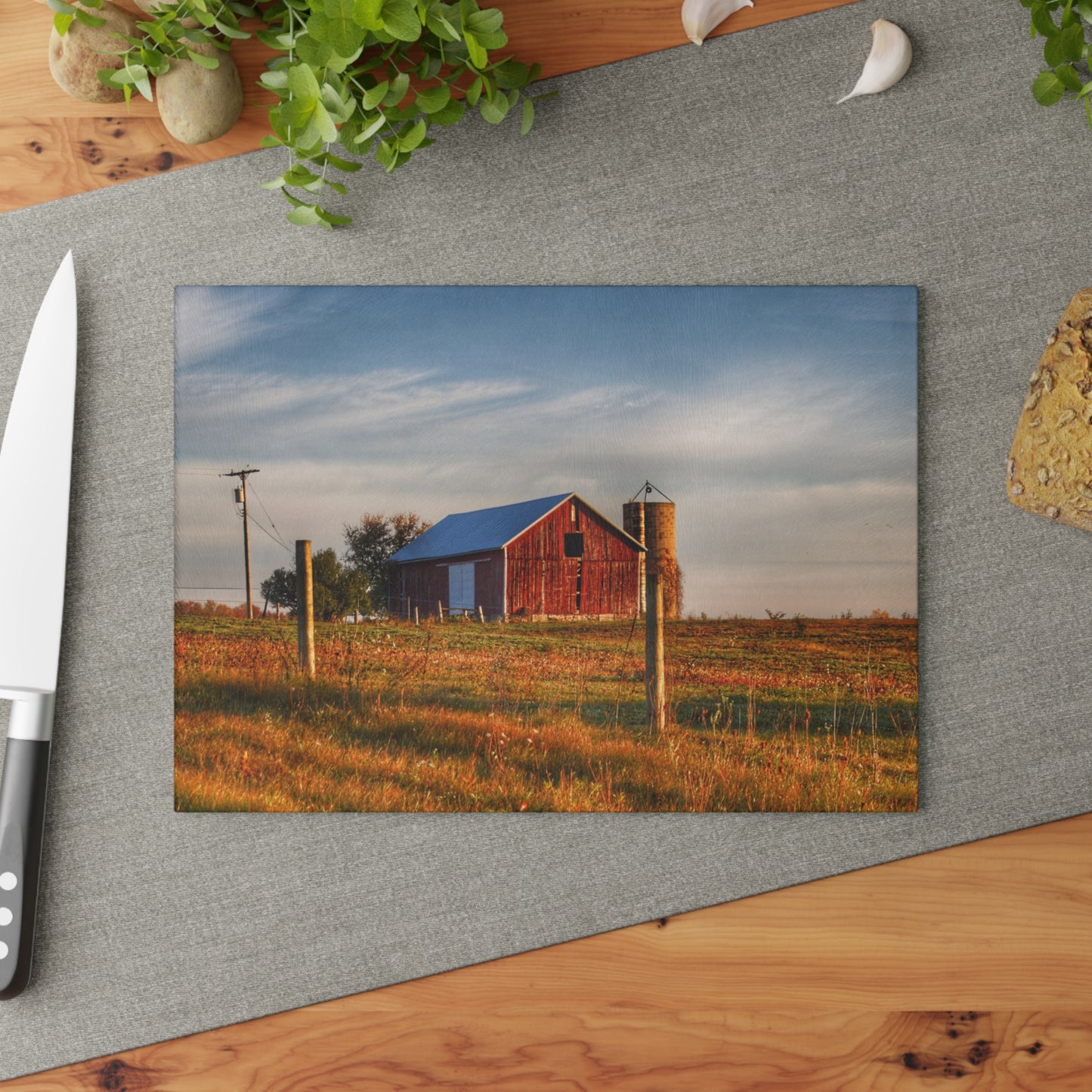 U R There Photography Lake Pleasant Road Little Red and Silo I Rustic Farmhouse Tempered-Glass Cutting Board