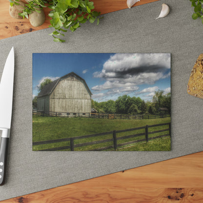 Barn Boutique Rustic Tempered-Glass Cutting Board| White Barn on a Sunny Day