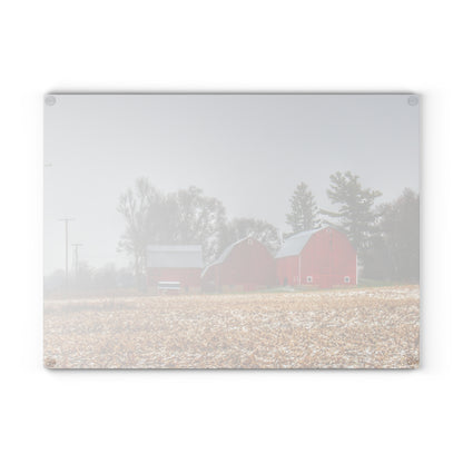 U R There Photography Shoemaker Road Winter Reds II Rustic Farmhouse Tempered-Glass Cutting Board