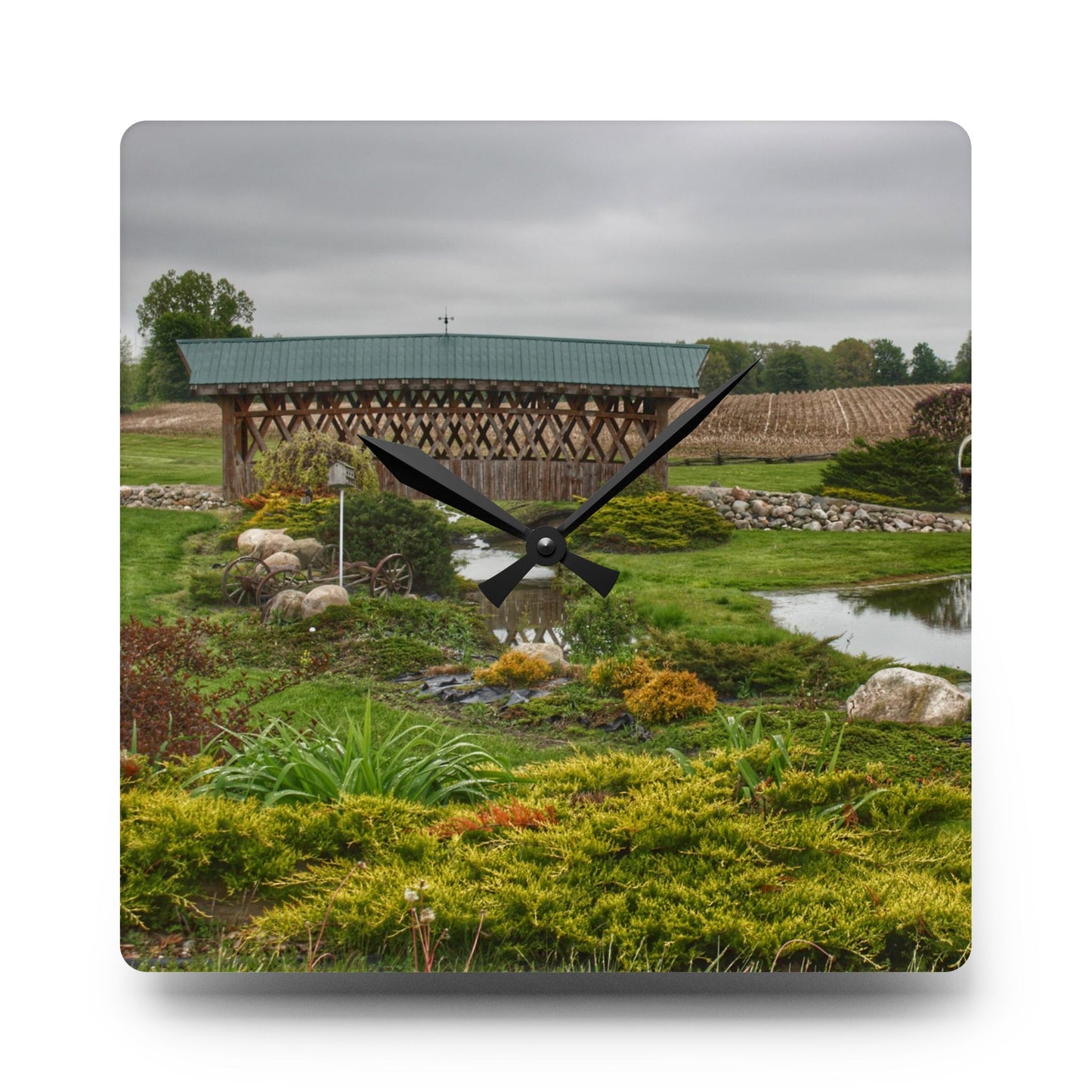 U R There Photography Bridge of Summer Road II Rustic Farmhouse Acrylic Analog Wall Clock