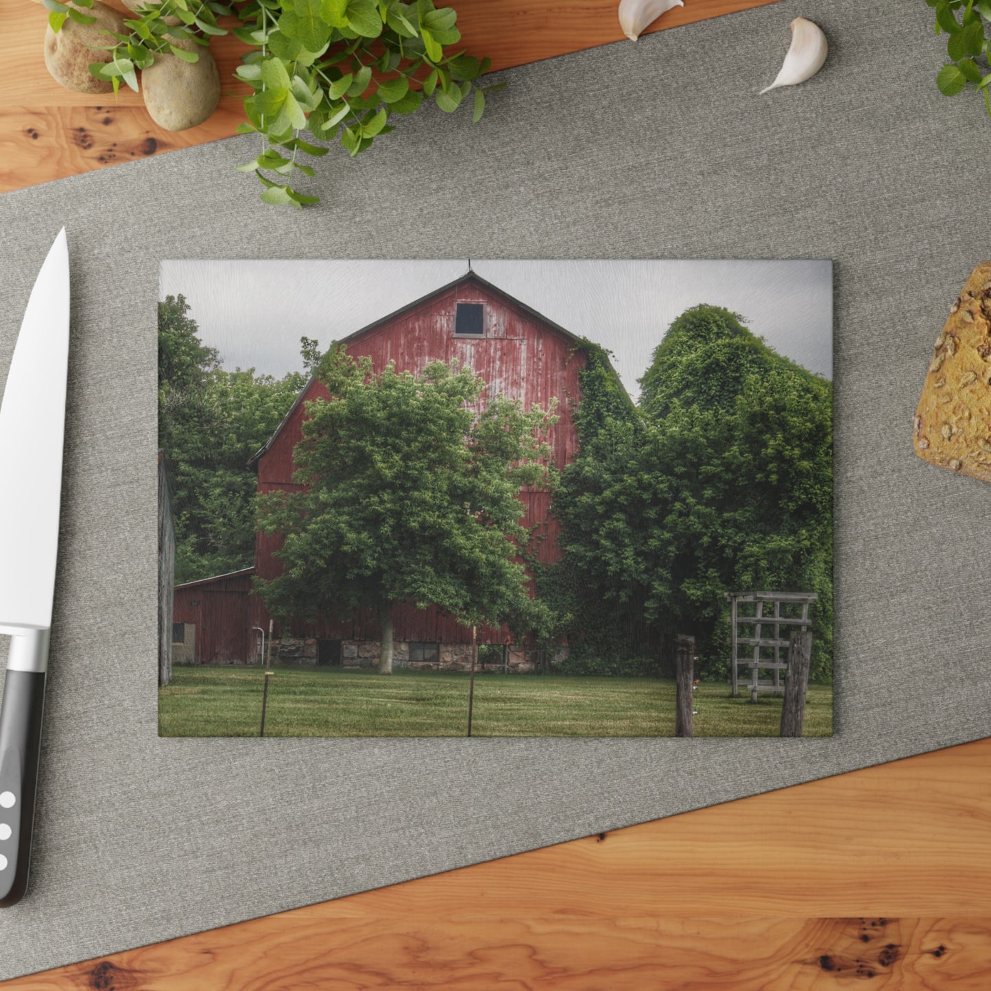 U R There Photography Otter Lake Road Hidden Red Rustic Farmhouse Tempered-Glass Cutting Board