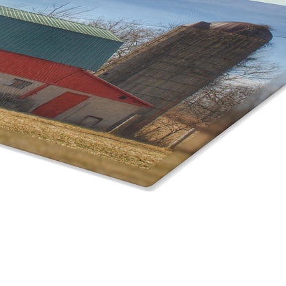 U R There Photography Wilson Road Red and Silo II Rustic Farmhouse Tempered-Glass Cutting Board