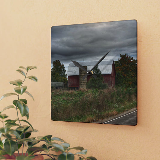 U R There Photography Columbiaville Red in Fall I Rustic Farmhouse Acrylic Analog Wall Clock