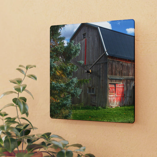 U R There Photography East Leonard Road Red Rustic Farmhouse Acrylic Analog Wall Clock