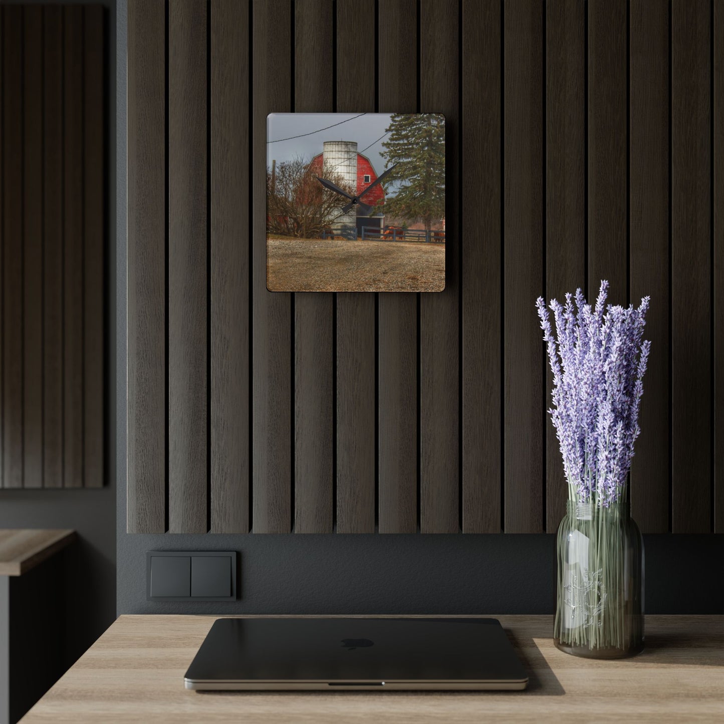 U R There Photography Blood Road Red and Horses Rustic Farmhouse Acrylic Analog Wall Clock