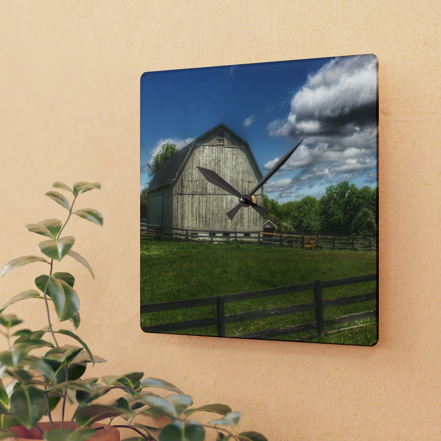 U R There Photography White Barn on a Sunny Day Rustic Farmhouse Acrylic Analog Wall Clock