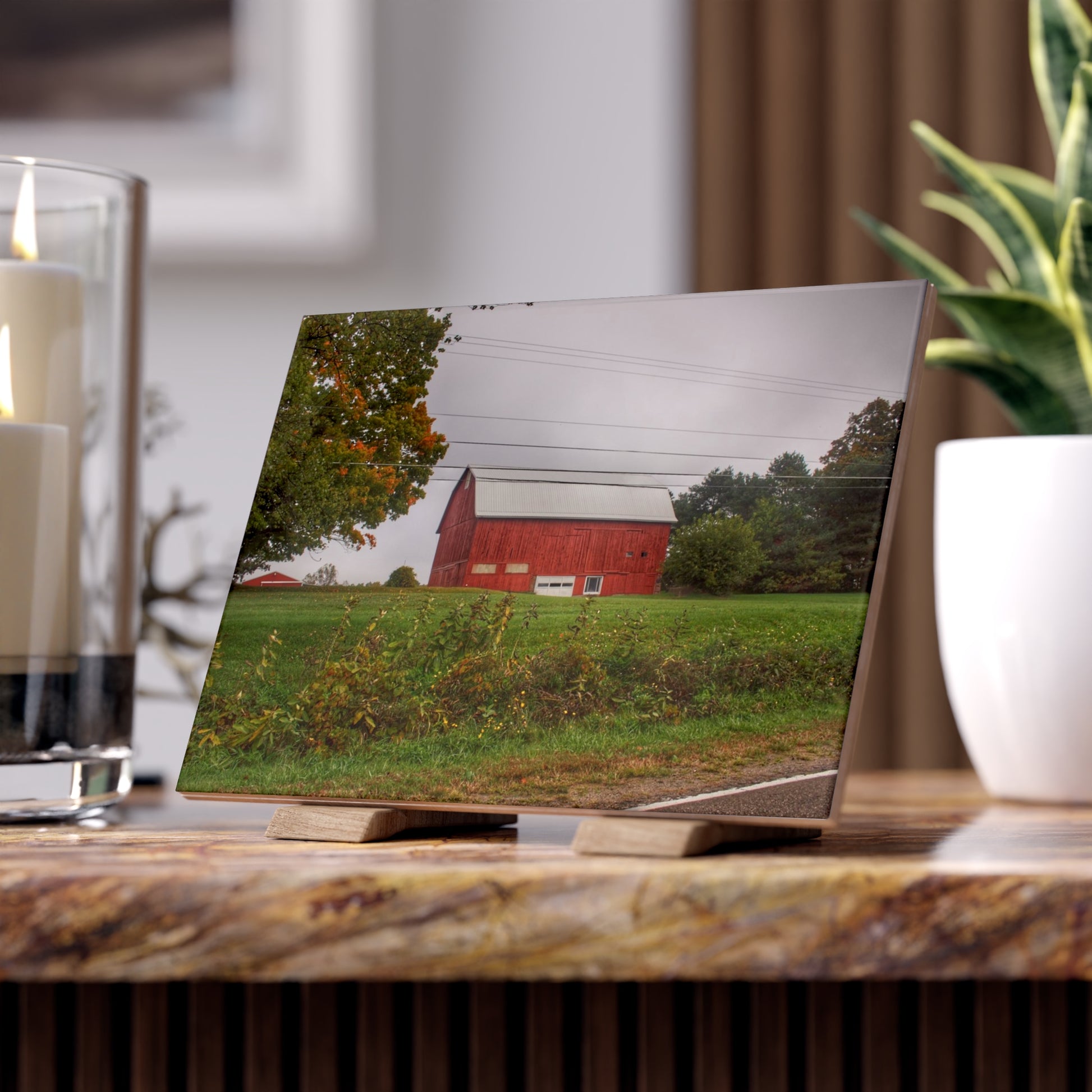 U R There Photography Bronson Lake Road Red Rustic Farmhouse Decorative Ceramic Tile 6" × 8" Glossy