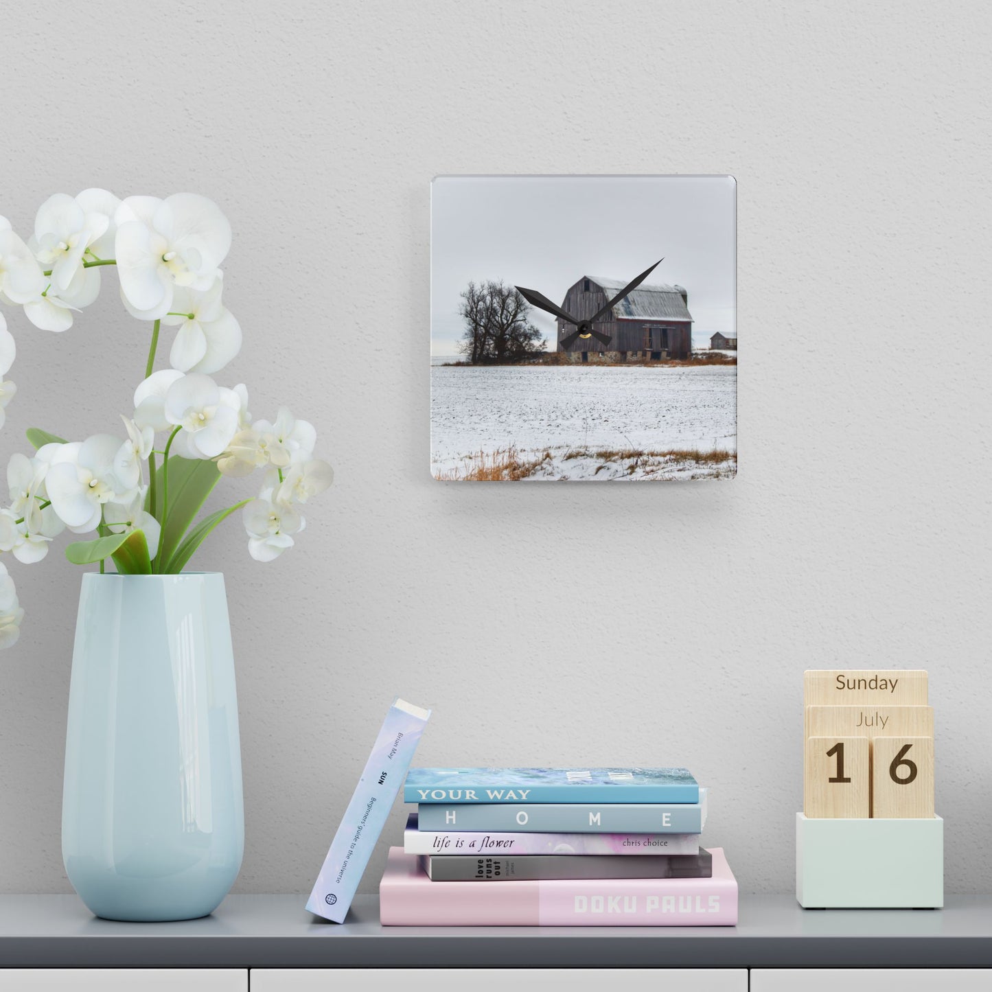 U R There Photography Frenchline Road Grey in Winter Rustic Farmhouse Acrylic Analog Wall Clock