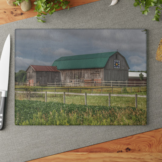 U R There Photography West Millington Road Grey Quilt Rustic Farmhouse Tempered-Glass Cutting Board