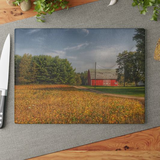 U R There Photography Red Barn on Golden Field Rustic Farmhouse Tempered-Glass Cutting Board