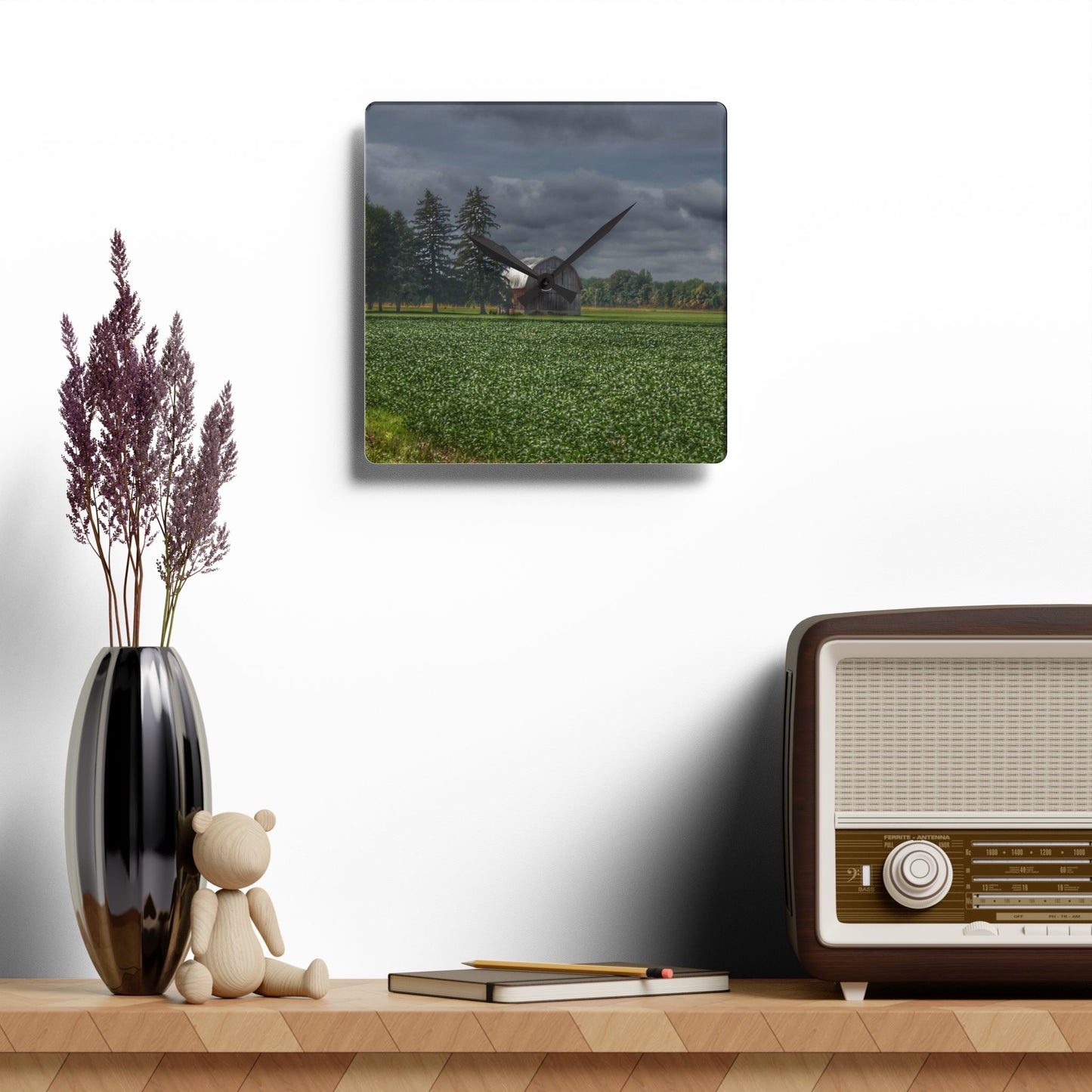 U R There Photography Belsay Grey Among the Pines Rustic Farmhouse Acrylic Analog Wall Clock