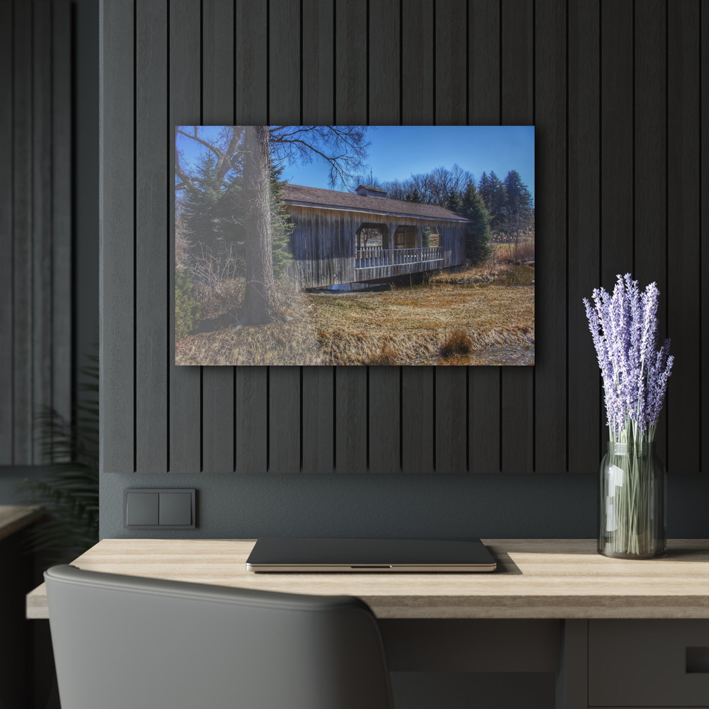 U R There Photography Covered Bridge of Campground Road I Rustic Farmhouse Acrylic Wall Print