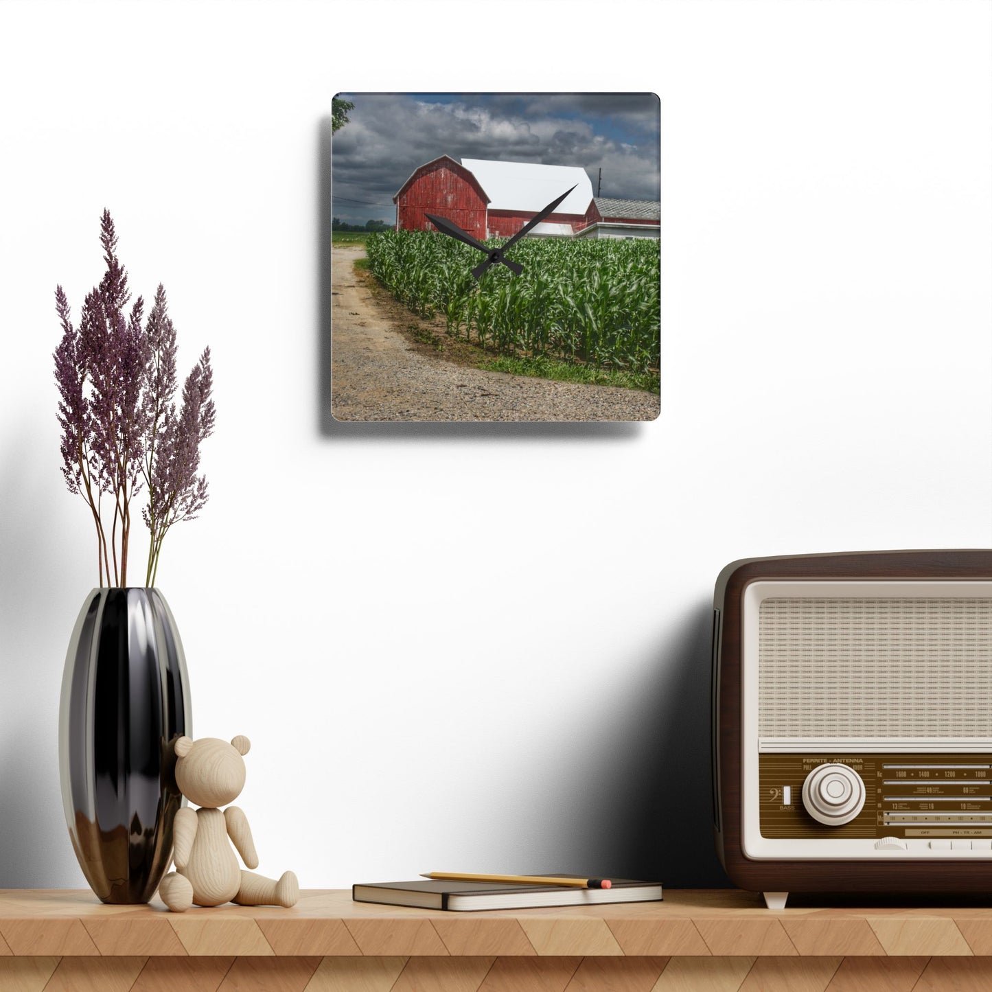 U R There Photography Millington Road Reds Rustic Farmhouse Acrylic Analog Wall Clock