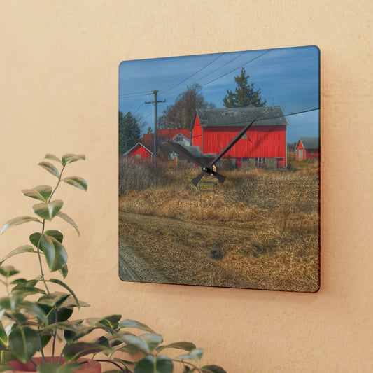 U R There Photography West Brown Road Red and Silo Rustic Farmhouse Acrylic Analog Wall Clock