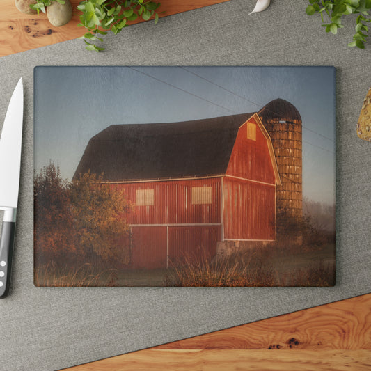 U R There Photography Klam Road Red Meets Foggy Sunrise II Rustic Farmhouse Tempered-Glass Cutting Board