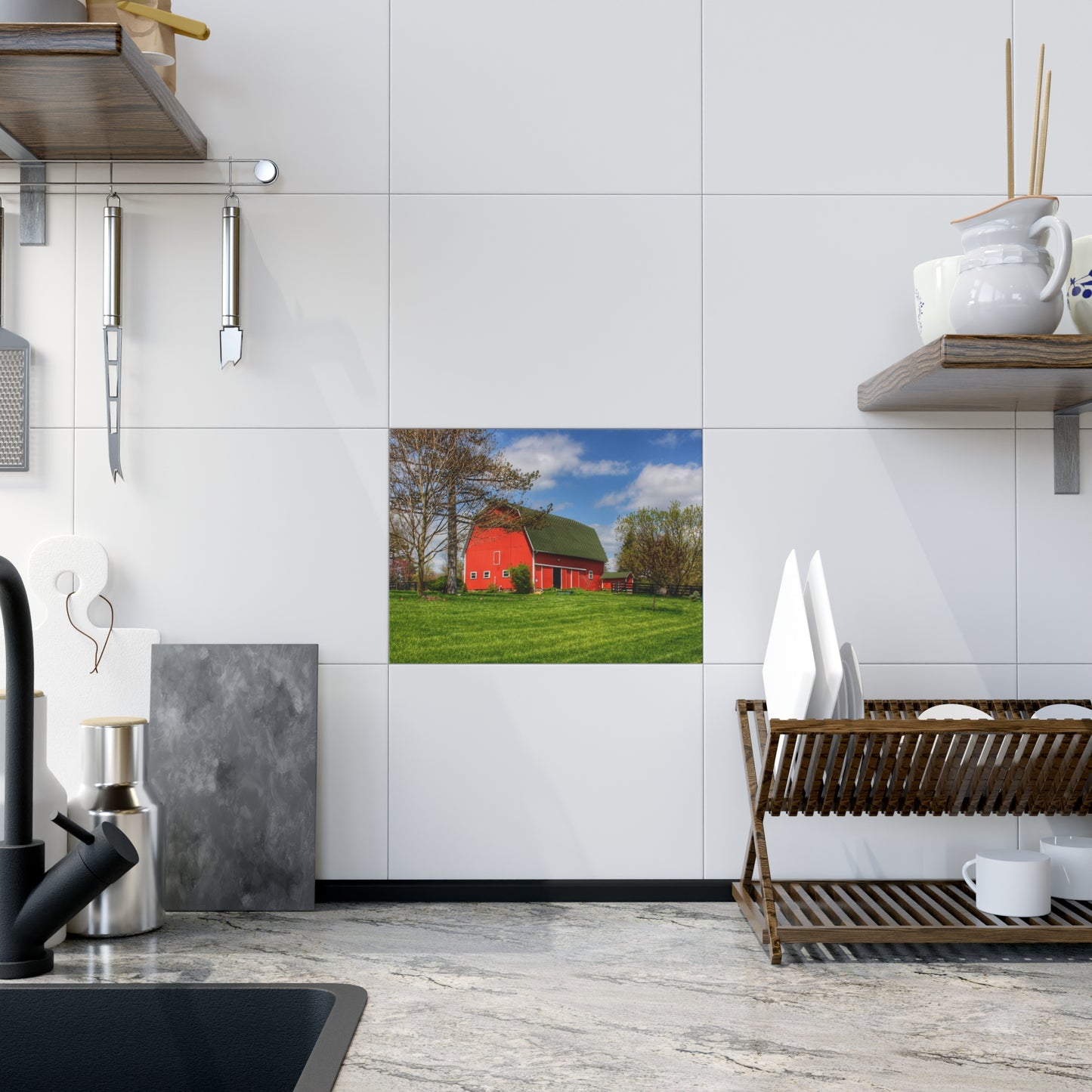 U R There Photography Barber Road Red Rustic Farmhouse Decorative Ceramic Tile 6" × 8" Glossy