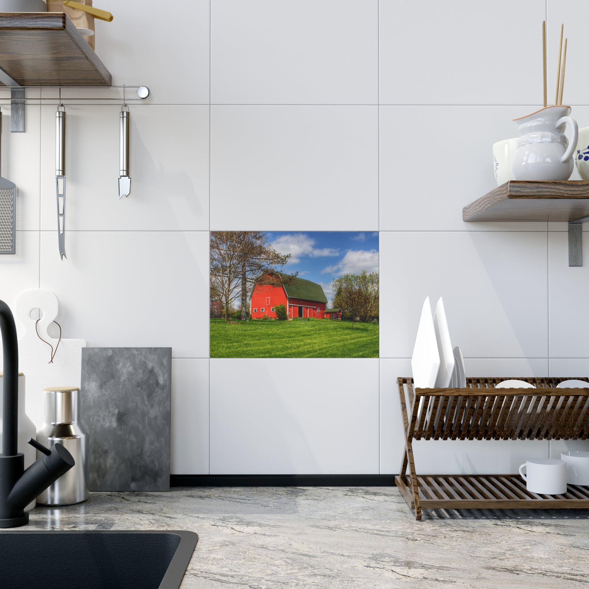 U R There Photography Barber Road Red Rustic Farmhouse Decorative Ceramic Tile 6" × 8" Glossy