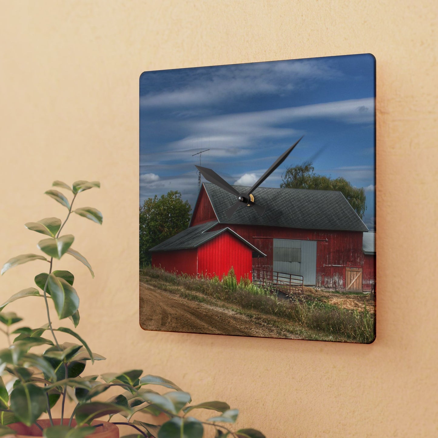 U R There Photography Wheeling Road Red Rustic Farmhouse Acrylic Analog Wall Clock