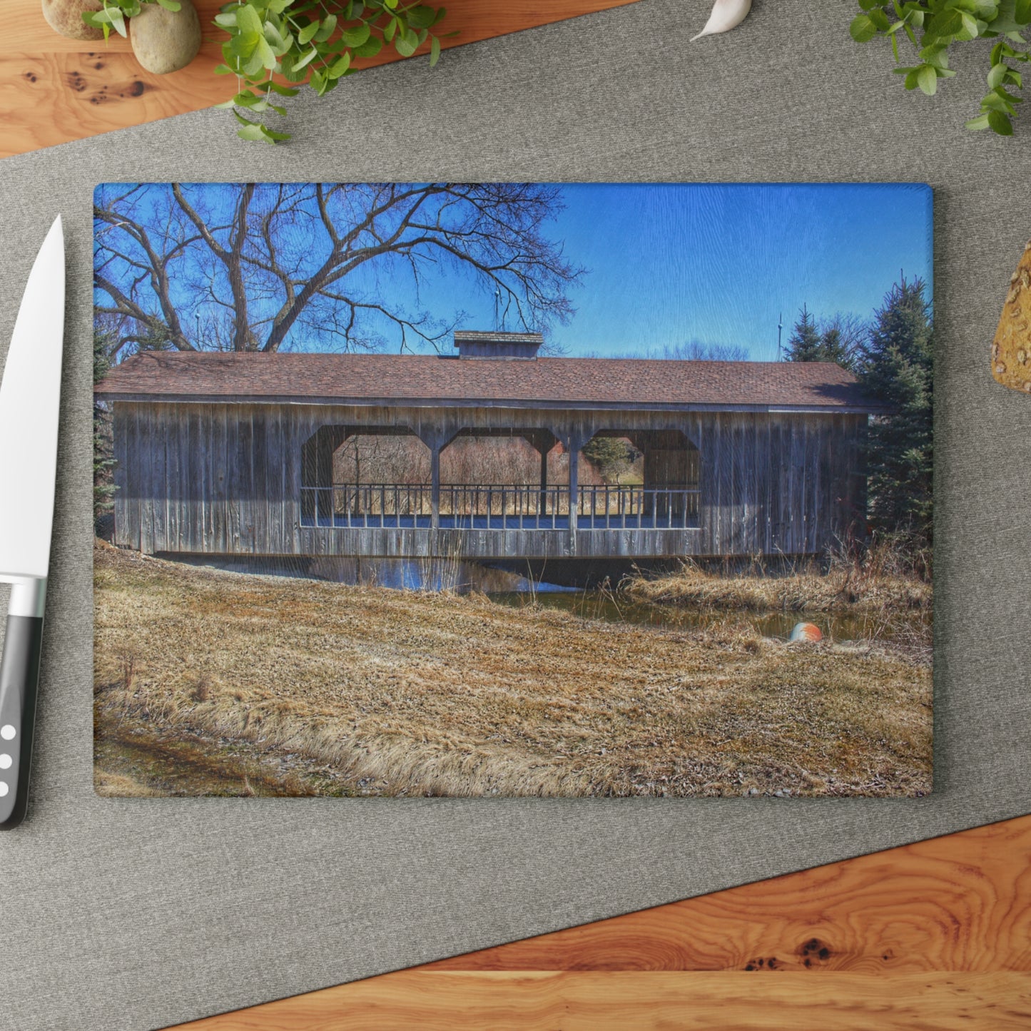 Barn Boutique Rustic Tempered-Glass Cutting Board| Covered Bridge of Campground Road II