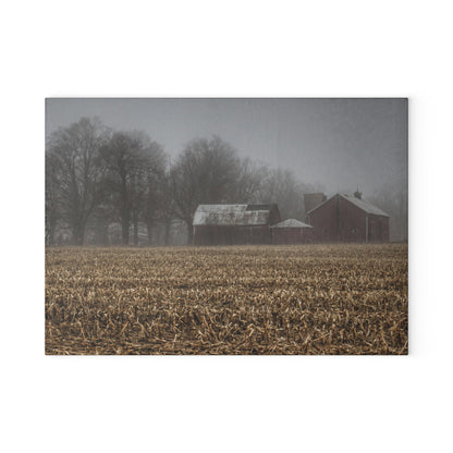 U R There Photography Farm in the Fog on Barnes Road Rustic Farmhouse Tempered-Glass Cutting Board